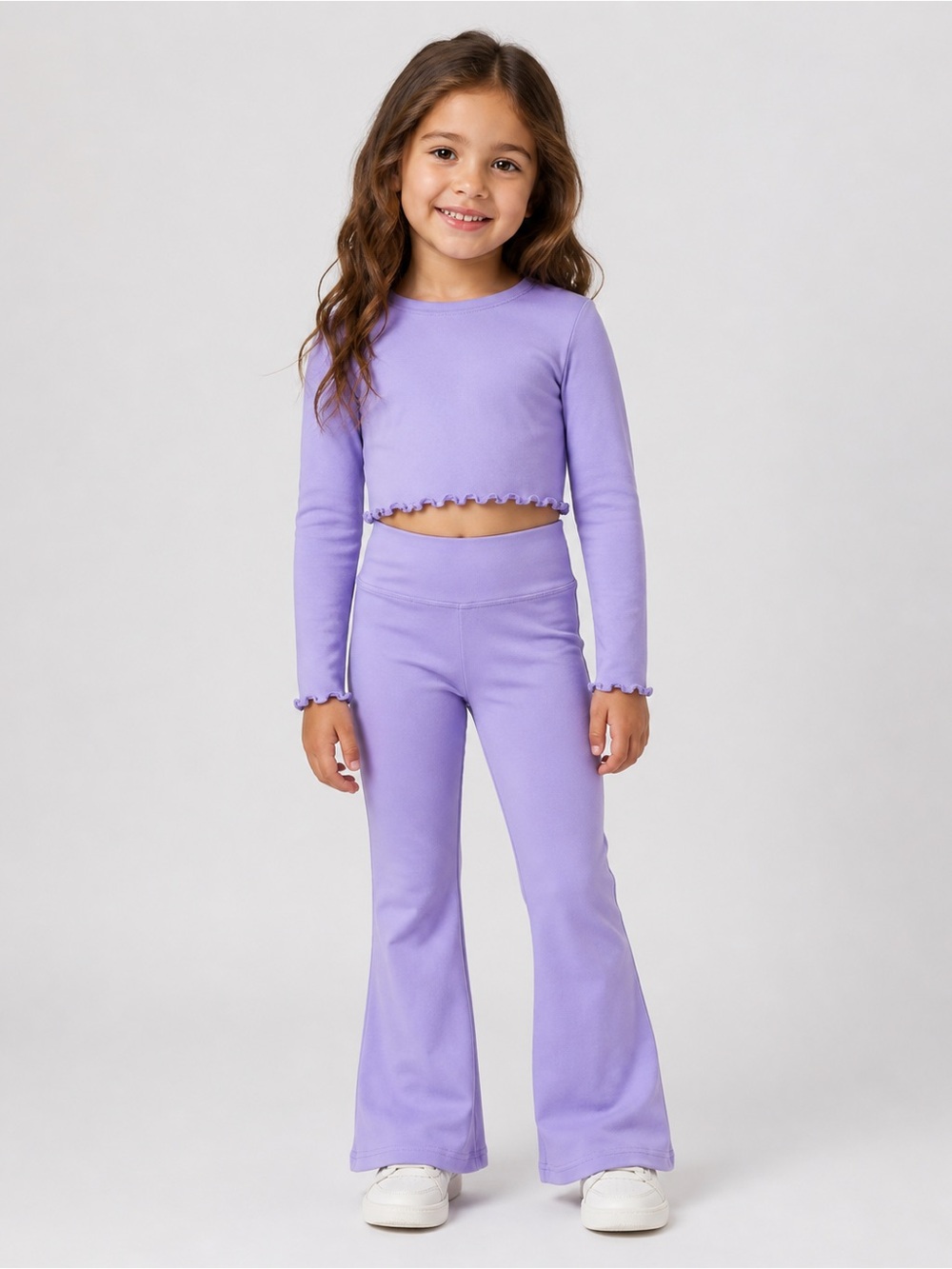 Yogalicious Kids Ribbed Purple Lettuce Edge Crop Top And Flare Pants Set Size M
